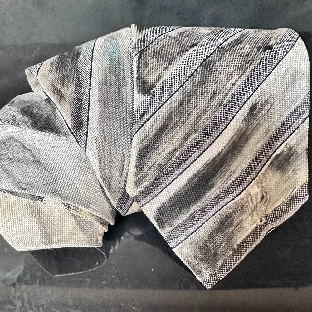 Dolce & Gabbana Silk Tie Mens Necktie Beige Black Hand painted Abstract Striped